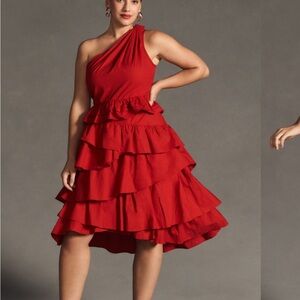 Anthropologie Red Tiered Ruffle One Shoulder Party Dress NWT